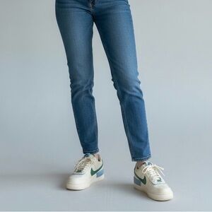 Wms Size 7 Nike AF1 White, Light Blue and Kelly Green Women's Athletic Shoes